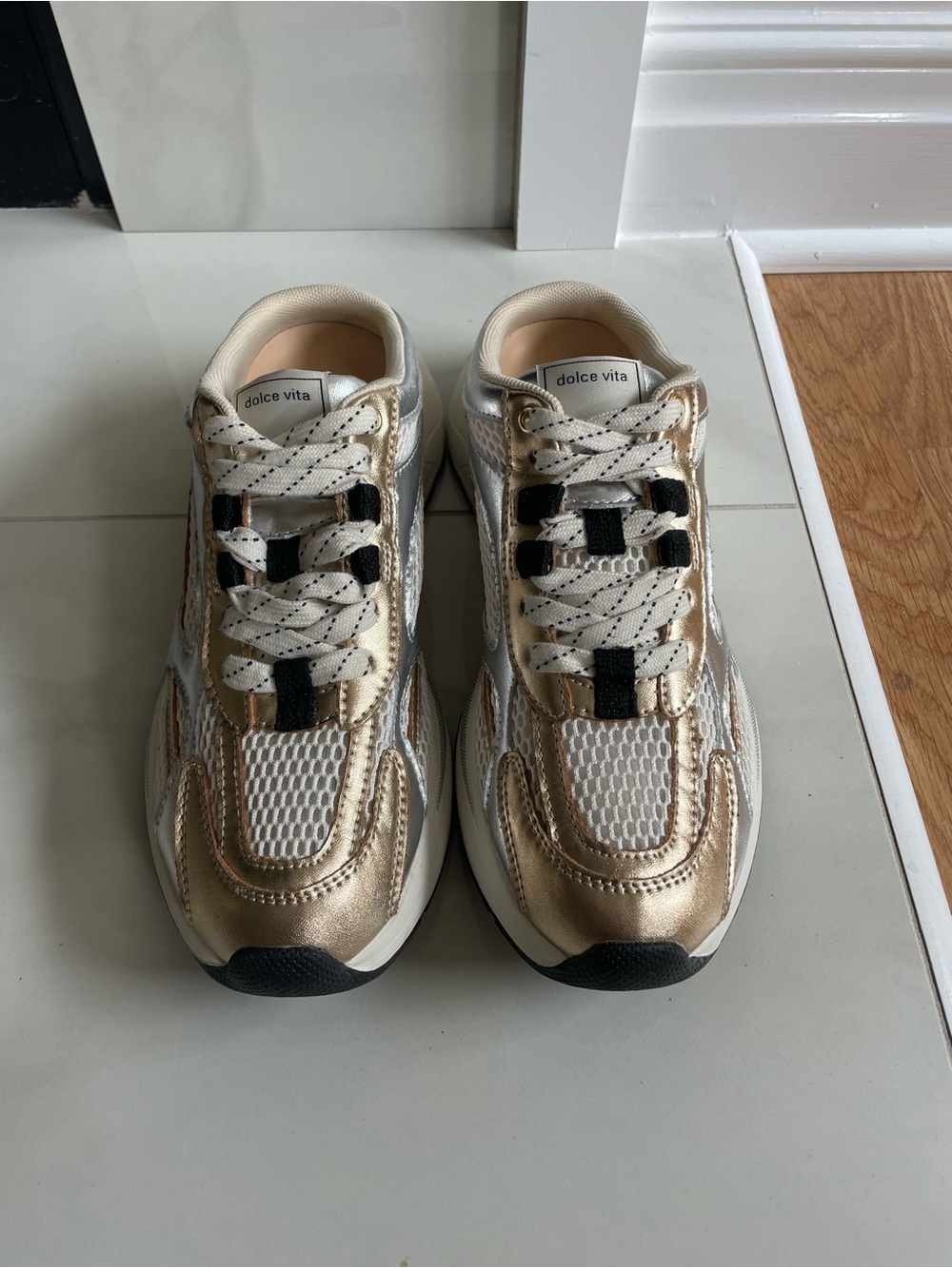 Dolce Vita Women’s Metallic Gold & White Lace-Up Mule Sneakers